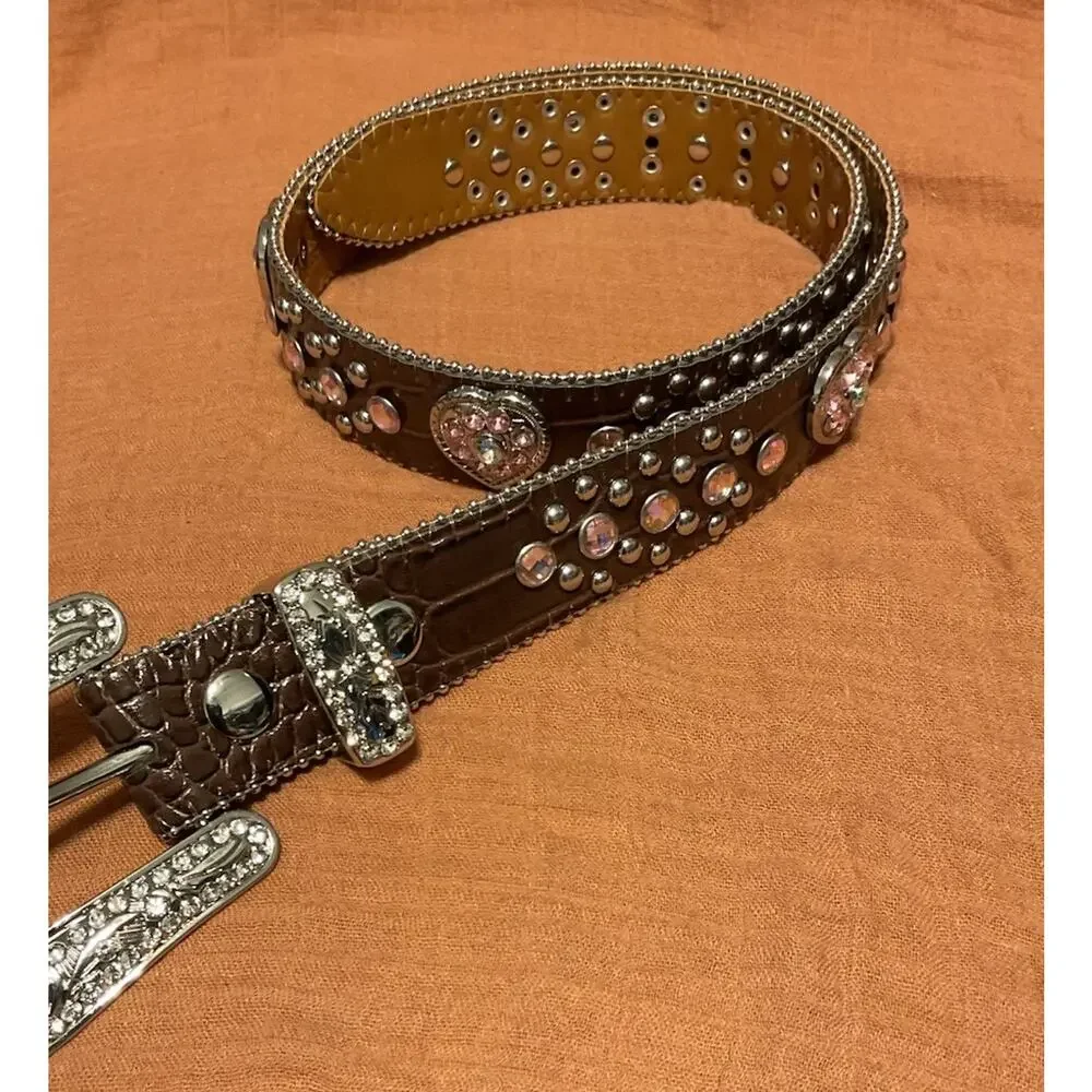 Nocona Pink Heart Rhinestone Leather Belt Girls Western Alligator Print